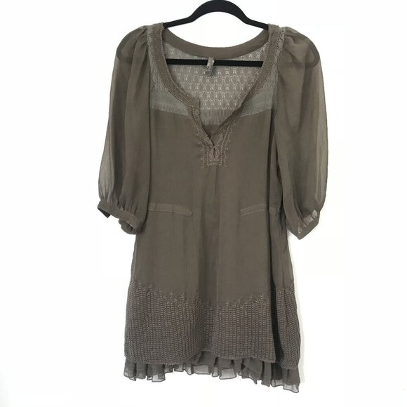 Free People XS Sheer Brown Peasant Boho Mini Shift Dress Embroidered Crochet - Picture 1 of 13